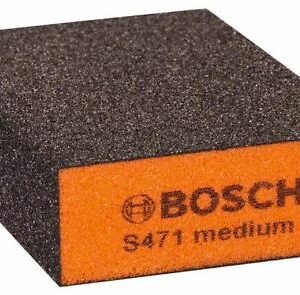 Gąbka szlifierska ścierna BOSCH MEDIUM 2608901169 z ziarnem średnim. Idealna do drewna, metalu, lakierów i tworzyw. Trwała, elastyczna i wygodna w użyciu